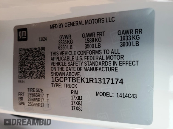 2024 Chevrolet Colorado 4WD Work Truck z VIN 1GCPTBEK1R1317174, wystawiony jako Copart lot #43582685 z przebiegiem Nie podano mil oraz Szkoda całkowita • Salvage title. Historia ofert i sprzedaży dostępna na DreamBid. Obrazek 14.