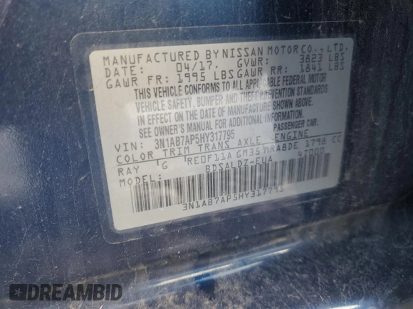 2017 Nissan Sentra SR z VIN 3N1AB7AP5HY317795, wystawiony jako Copart lot #58006745 z przebiegiem 59 563 mil mil oraz Nie do naprawy • Non repairable. Historia ofert i sprzedaży dostępna na DreamBid. Obrazek 13.