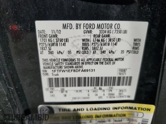 2013 Ford F-150 XL with VIN 1FTFW1EF8DFA69131, listed as a Copart auction lot 48292535 with 194,204 mi miles and Salvage Title. Bid and sale history available at carsss.com. Image 12.