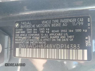 2000 BMW 7 Series 740iL with VIN WBAGH8348YDP14383, listed as a IAAI auction lot 42623041 with 176,801 mi miles and . Bid and sale history available at DreamBid. Image 9.