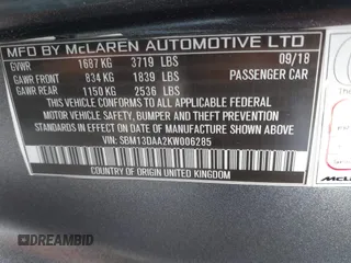 2019 McLaren 570S z VIN SBM13DAA2KW006285, wystawiony jako IAAI lot #41774081 z przebiegiem 24 032 mil mil oraz . Historia ofert i sprzedaży dostępna na DreamBid. Obrazek 9.
