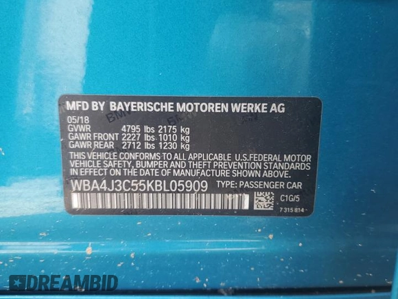 2019 BMW 4 Series 430i xDrive with VIN WBA4J3C55KBL05909, listed as a Copart auction lot 61330605 with 108,983 mi miles and Salvage title. Bid and sale history available at DreamBid. Image 12.
