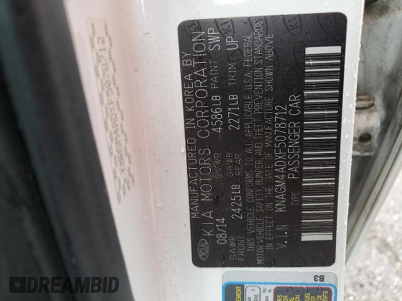 2015 Kia Optima Hybrid with VIN KNAGM4ADXF5078712, listed as a Copart auction lot 44864635 with 116,717 mi miles and Salvage Title. Bid and sale history available at carsss.com. Image 12.