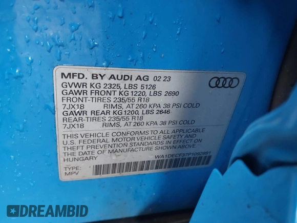 2023 Audi Q3 S line Premium with VIN WA1DECF37P1092891, listed as a IAAI auction lot 41672260 with 45,773 mi miles and . Bid and sale history available at DreamBid. Image 9.
