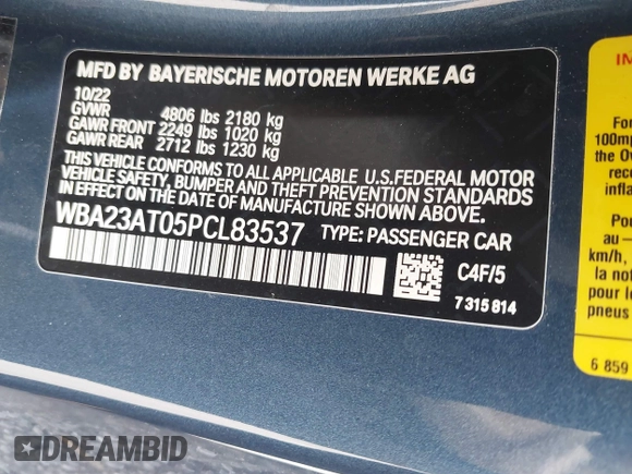 2023 BMW 4 Series 430i with VIN WBA23AT05PCL83537, listed as a IAAI auction lot 41352545 with 1 mi miles. Bid and sale history available at carsss.com. Image 9.