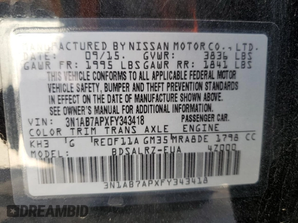2015 Nissan Sentra SR with VIN 3N1AB7APXFY343418, listed as a Copart auction lot 47954465 with 92,077 mi miles and Salvage Title. Bid and sale history available at DreamBid. Image 14.