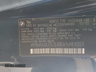 2011 BMW 1 Series 128i with VIN WBAUL7C53BVM81003, listed as a Copart auction lot 43986665 with Not provided miles and Salvage title. Bid and sale history available at DreamBid. Image 14.