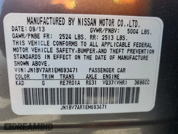 2014 Infiniti Q50 Premium z VIN JN1BV7AR1EM693471, wystawiony jako Copart lot #58991305 z przebiegiem 144 323 mil mil oraz Szkoda całkowita • Salvage title. Historia ofert i sprzedaży dostępna na DreamBid. Obrazek 12.