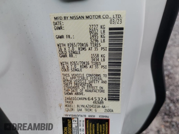 2023 Nissan Frontier S with VIN 1N6ED1CM4PN645324, listed as a Copart auction lot 53846804 with 21,818 mi miles and Salvage title. Bid and sale history available at DreamBid. Image 12.