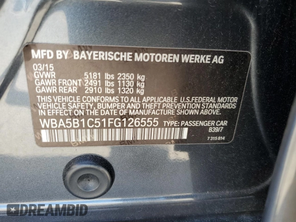 2015 BMW 5 Series 535i with VIN WBA5B1C51FG126555, listed as a Copart auction lot 48463285 with Not Provided miles and Salvage Title. Bid and sale history available at carsss.com. Image 13.