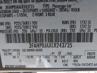 2012 Ford Fusion SEL with VIN 3FAHP0JAXCR243735, listed as a IAAI auction lot 42023783 with 235,434 mi miles. Bid and sale history available at carsss.com. Image 9.