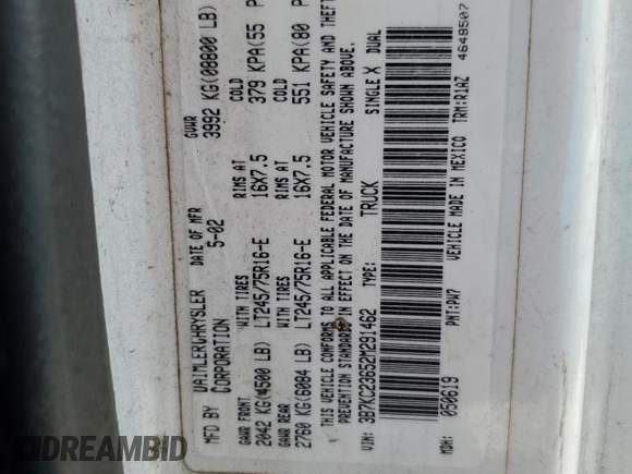 2002 Dodge 2500 z VIN 3B7KC23652M291462, wystawiony jako Copart lot #53378895 z przebiegiem Nie podano mil oraz Szkoda całkowita • Salvage title. Historia ofert i sprzedaży dostępna na DreamBid. Obrazek 13.