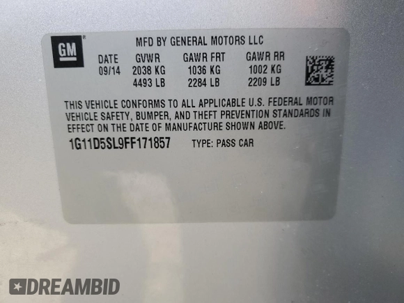 2015 Chevrolet Malibu LT with VIN 1G11D5SL9FF171857, listed as a Copart auction lot 48029975 with 173,490 mi miles and Salvage Title. Bid and sale history available at DreamBid. Image 12.