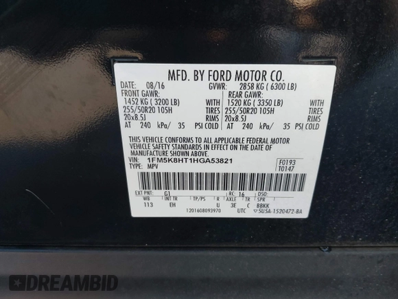 2017 Ford Explorer Platinum with VIN 1FM5K8HT1HGA53821, listed as a IAAI auction lot 42070226 with 87,817 mi miles and . Bid and sale history available at DreamBid. Image 9.