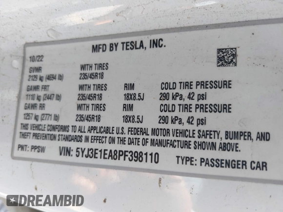 2023 Tesla Model 3 with VIN 5YJ3E1EA8PF398110, listed as a IAAI auction lot 41692006 with 112,699 mi miles and . Bid and sale history available at carsss.com. Image 9.