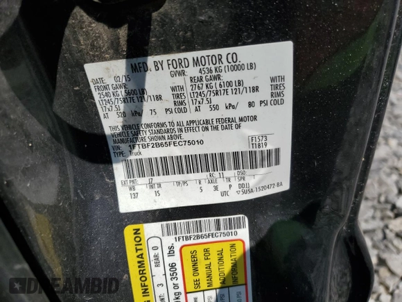 2015 Ford F-250 XLT with VIN 1FTBF2B65FEC75010, listed as a Copart auction lot 63868314 with 73,742 mi miles and Salvage title. Bid and sale history available at DreamBid. Image 12.