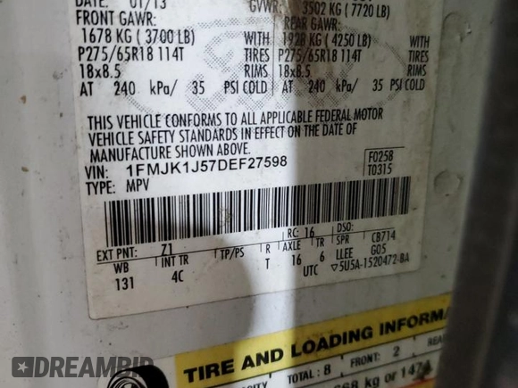 2013 Ford Expedition EL XLT with VIN 1FMJK1J57DEF27598, listed as a Copart auction lot 87609345 with 192,345 mi miles and Salvage Title. Bid and sale history available at carsss.com. Image 13.