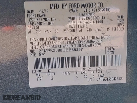 2016 Ford Edge SEL with VIN 2FMPK3J96GBB88387, listed as a IAAI auction lot 41812080 with 68,941 mi miles. Bid and sale history available at carsss.com. Image 9.