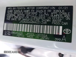 2021 Toyota Mirai XLE with VIN JTDAAAAA8MA001248, listed as a IAAI auction lot 41592011 with 49,613 mi miles and . Bid and sale history available at DreamBid. Image 9.