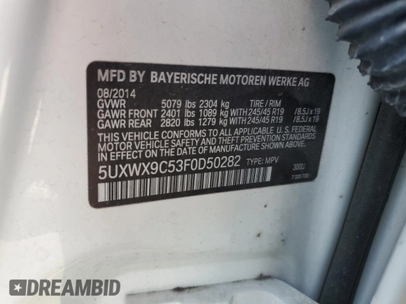2015 BMW X3 xDrive28i with VIN 5UXWX9C53F0D50282, listed as a Copart auction lot 54792515 with 170,876 mi miles and Clean Title. Bid and sale history available at DreamBid. Image 13.