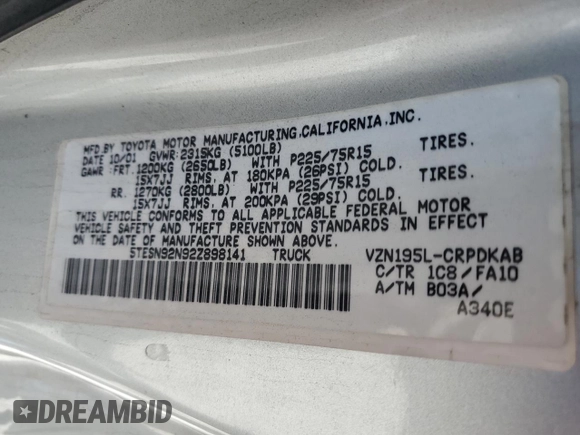 2002 Toyota Tacoma PreRunner z VIN 5TESN92N92Z898141, wystawiony jako Copart lot #59223475 z przebiegiem 117 152 mil mil oraz Szkoda całkowita • Salvage title. Historia ofert i sprzedaży dostępna na DreamBid. Obrazek 12.