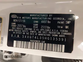 2017 Kia Optima LX with VIN 5XXGT4L35HG135391, listed as a IAAI auction lot 42316564 with 119,940 mi miles and . Bid and sale history available at DreamBid. Image 9.