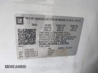 2020 Chevrolet Trax LS with VIN 3GNCJKSB4LL332316, listed as a IAAI auction lot 42486061 with Not provided miles and . Bid and sale history available at DreamBid. Image 9.