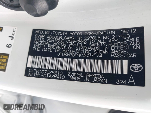 2012 Toyota Prius with VIN JTDKN3DP4C3027174, listed as a IAAI auction lot 42201082 with 147,827 mi miles and . Bid and sale history available at DreamBid. Image 9.