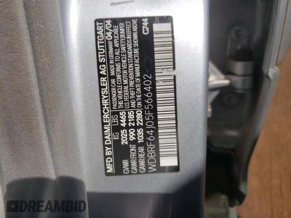 2005 Mercedes-Benz C 320 with VIN WDBRF64J05F566402, listed as a Copart auction lot 73782604 with 126,096 mi miles and Salvage Title. Bid and sale history available at DreamBid. Image 12.