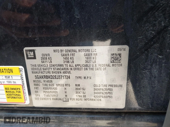 2014 Buick Enclave Leather with VIN 5GAKRBKD2EJ371724, listed as a IAAI auction lot 41629464 with 137,696 mi miles and . Bid and sale history available at DreamBid. Image 9.