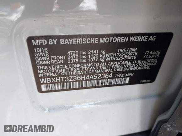 2017 BMW X1 xDrive28i with VIN WBXHT3Z36H4A52364, listed as a IAAI auction lot 41397667 with 61,960 mi miles. Bid and sale history available at carsss.com. Image 9.