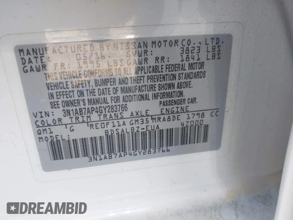 2016 Nissan Sentra SV with VIN 3N1AB7AP4GY283766, listed as a IAAI auction lot 42080316 with 116,059 mi miles and . Bid and sale history available at DreamBid. Image 9.