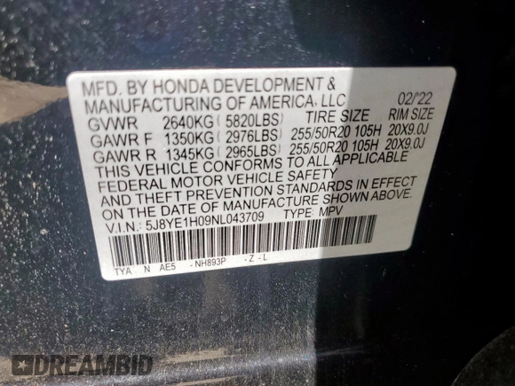 2022 Acura MDX w/A-Spec Package with VIN 5J8YE1H09NL043709, listed as a Copart auction lot 57502445 with 32,046 mi miles and Salvage title. Bid and sale history available at DreamBid. Image 13.