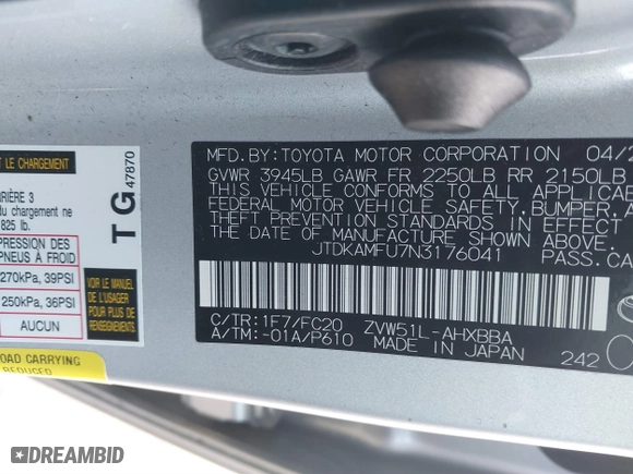 2022 Toyota Prius L Eco with VIN JTDKAMFU7N3176041, listed as a IAAI auction lot 41562977 with 61,964 mi miles. Bid and sale history available at carsss.com. Image 9.