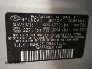 2017 Hyundai Ioniq SEL with VIN KMHC75LC9HU018878, listed as a Copart auction lot 61979995 with 184,309 mi miles and Clean title. Bid and sale history available at DreamBid. Image 12.