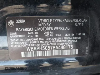 2011 BMW 3 Series 328i with VIN WBAPH5C57BA448175, listed as a IAAI auction lot 42096038 with 223,937 mi miles and . Bid and sale history available at carsss.com. Image 9.