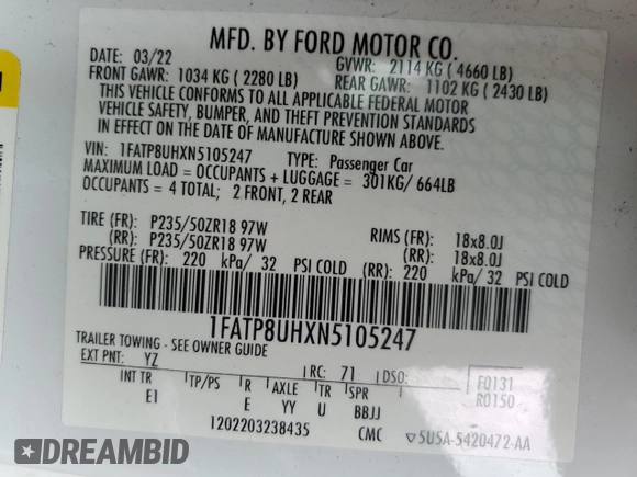 2022 Ford Mustang EcoBoost with VIN 1FATP8UHXN5105247, listed as a Copart auction lot 51523045 with 71,233 mi miles and Clean Title. Bid and sale history available at carsss.com. Image 12.