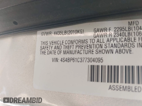 2007 Subaru Legacy Outback with VIN 4S4BP61C377304095, listed as a IAAI auction lot 42673017 with 173,219 mi miles and . Bid and sale history available at DreamBid. Image 9.