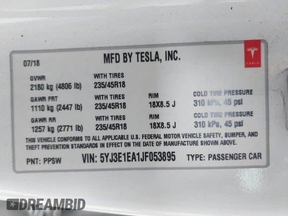 2018 Tesla Model 3 Long Range Battery z VIN 5YJ3E1EA1JF053895, wystawiony jako IAAI lot #42182178 z przebiegiem 75 356 mil mil oraz . Historia ofert i sprzedaży dostępna na DreamBid. Obrazek 9.