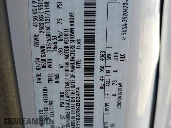 2024 Ford Transit Cargo с VIN 1FTBR1Y8XRKB03474, выставлен на аукционе Copart как лот 62181695 с пробегом 13 098 миль миль и Чистый • Clean title. История ставок и продаж доступна на DreamBid. Изображение 14.