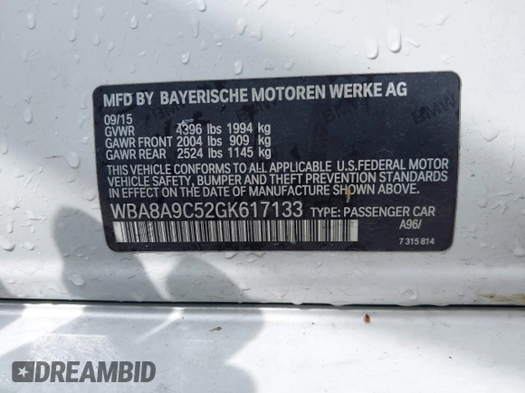 2016 BMW 3 Series 320i with VIN WBA8A9C52GK617133, listed as a IAAI auction lot 42029140 with 59,113 mi miles. Bid and sale history available at carsss.com. Image 9.