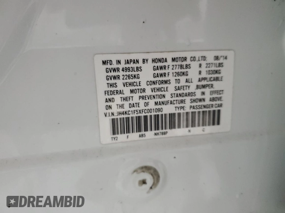 2015 Acura RLX Tech Pkg with VIN JH4KC1F5XFC001090, listed as a Copart auction lot 88261555 with 0 mi miles and Salvage Title. Bid and sale history available at carsss.com. Image 14.