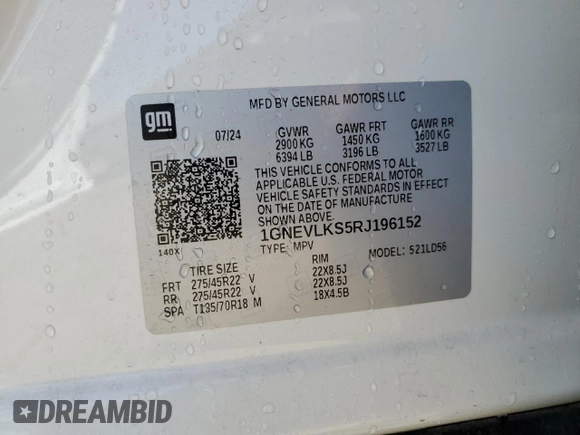 2024 Chevrolet Traverse AWD RS with VIN 1GNEVLKS5RJ196152, listed as a Copart auction lot 58119935 with 13,975 mi miles and Salvage title. Bid and sale history available at DreamBid. Image 13.