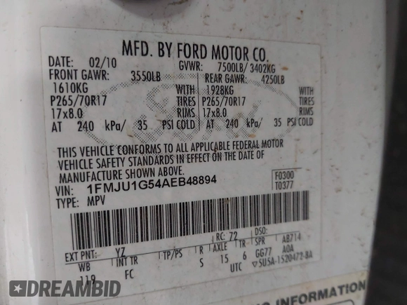 2010 Ford Expedition SSV with VIN 1FMJU1G54AEB48894, listed as a IAAI auction lot 41762529 with 134,609 mi miles and . Bid and sale history available at DreamBid. Image 9.