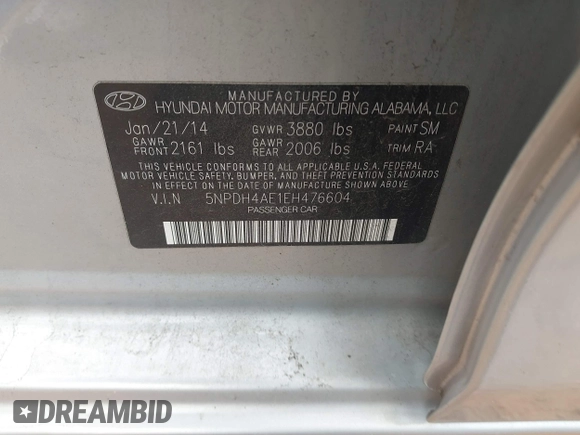 2014 Hyundai Elantra SE with VIN 5NPDH4AE1EH476604, listed as a IAAI auction lot 41790393 with 152,257 mi miles and . Bid and sale history available at DreamBid. Image 9.