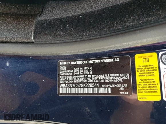 2016 BMW 4 Series 428i with VIN WBA3N7C52GK228544, listed as a Copart auction lot 53991705 with 103,218 mi miles and Salvage title. Bid and sale history available at DreamBid. Image 12.