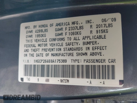 2009 Honda Accord LX-P z VIN 1HGCP26469A175389, wystawiony jako IAAI lot #42474660 z przebiegiem 64 868 mil mil oraz . Historia ofert i sprzedaży dostępna na DreamBid. Obrazek 9.