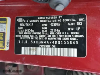 2013 Kia Optima LX with VIN 5XXGM4A74DG155645, listed as a Copart auction lot 41393725 with 257,593 mi miles and Salvage Title. Bid and sale history available at carsss.com. Image 14.