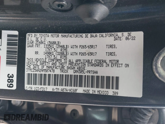 2022 Toyota Tacoma SR with VIN 3TMCZ5AN2NM507478, listed as a IAAI auction lot 42425907 with 40,796 mi miles and . Bid and sale history available at DreamBid. Image 9.
