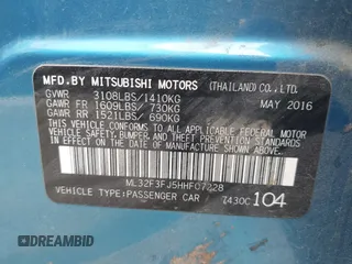 2017 Mitsubishi Mirage G4 ES with VIN ML32F3FJ5HHF07228, listed as a IAAI auction lot 42100048 with 149,303 mi miles. Bid and sale history available at carsss.com. Image 9.